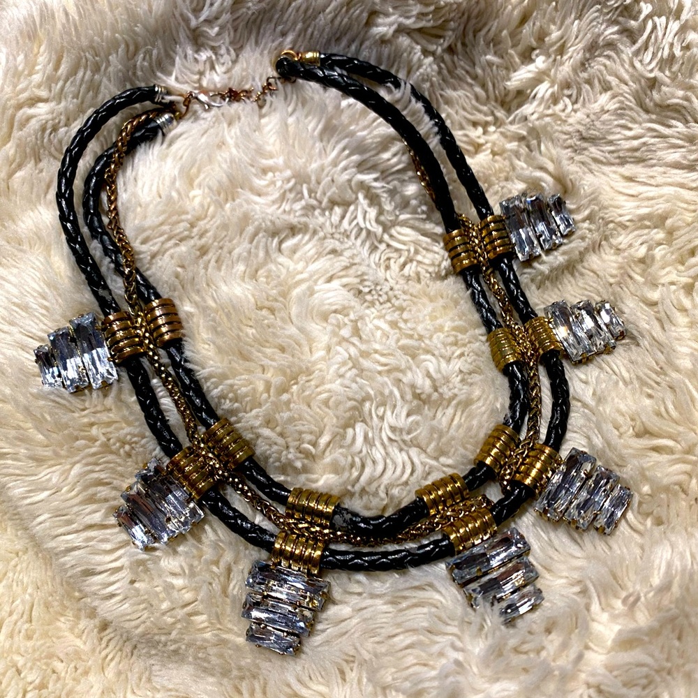 💍 Vintage Statement Egyptian style necklace with braided leather and rhinestone